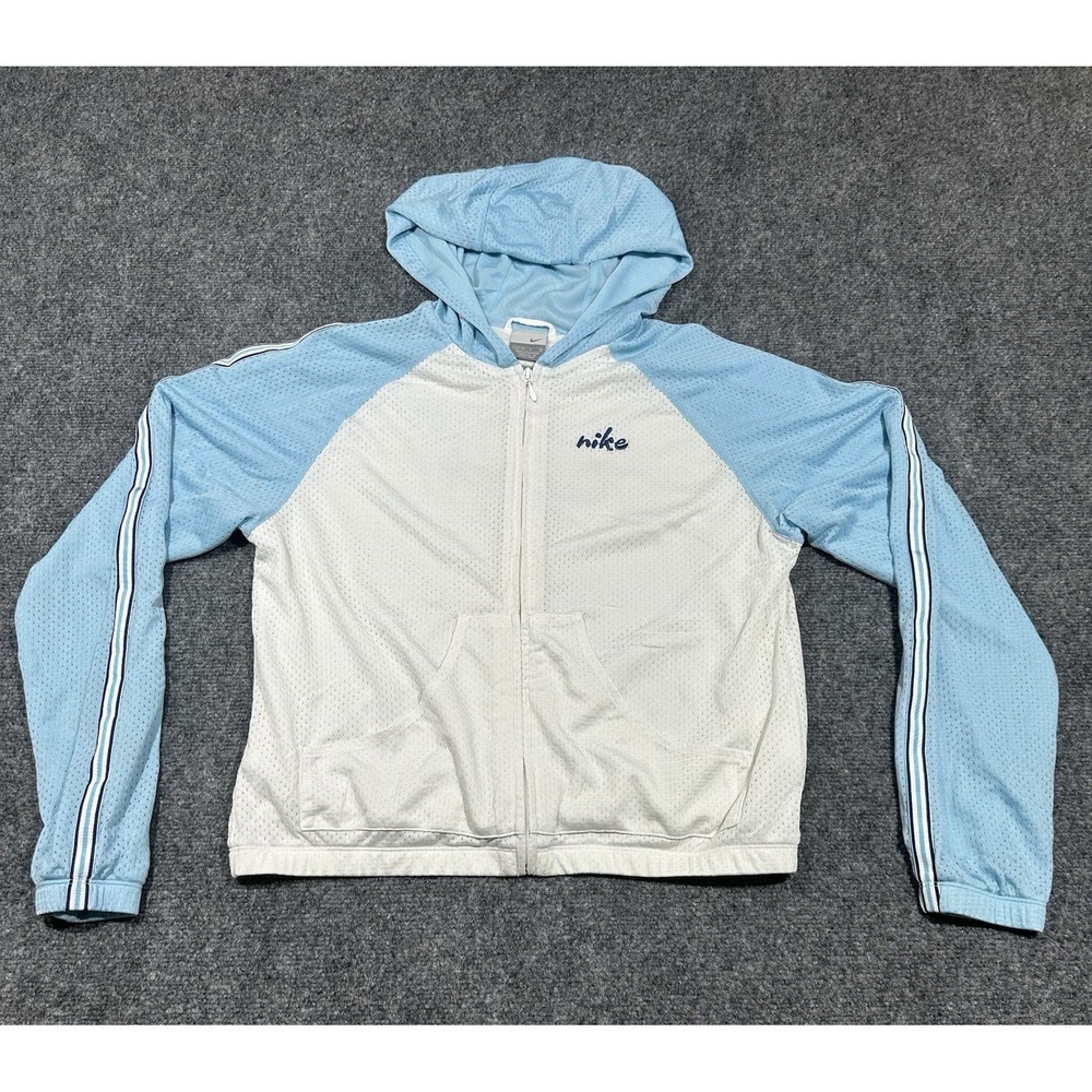 Vintage 90s NIKE Youth Girls White Blue Zip  Up Mesh‎ Jacket Size L (12-14)